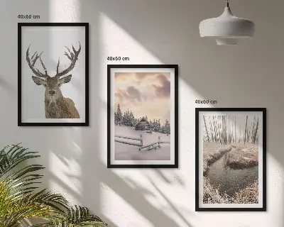 Conjunto de quadros para sala de estar com paisagem de inverno e cabana de veados