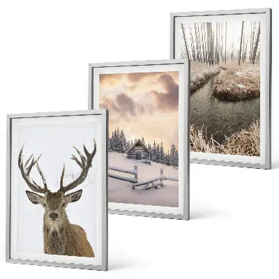 Conjunto de quadros para sala de estar com paisagem de inverno e cabana de veados
