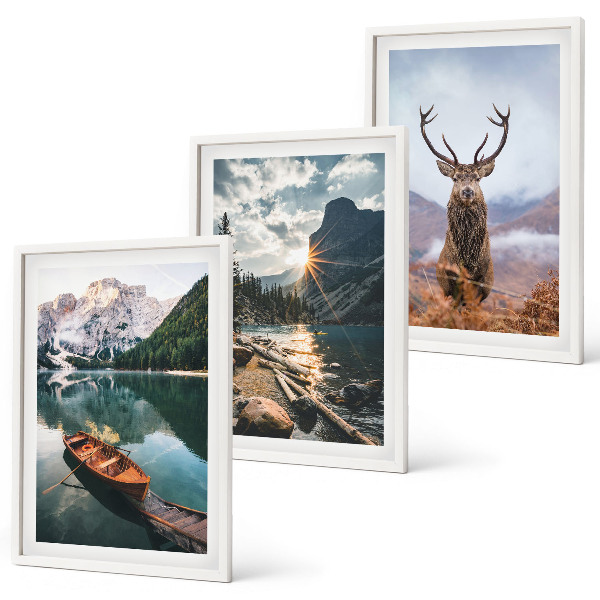 Composição de quadros moderna barco lago montanha pôr do sol veado