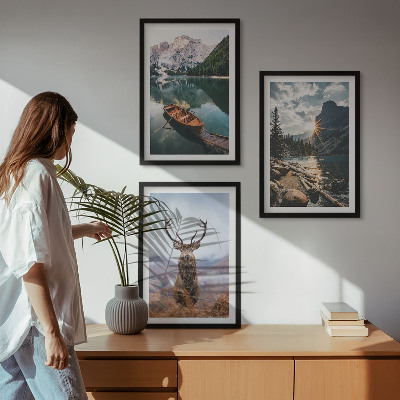 Composição de quadros moderna barco lago montanha pôr do sol veado