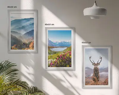 Conjunto de 3 quadros com moldura paisagem de natureza com veado, lago e montanhas