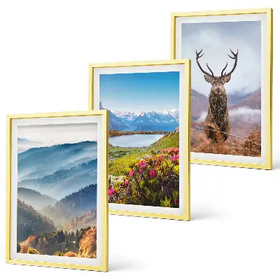 Conjunto de 3 quadros com moldura paisagem de natureza com veado, lago e montanhas
