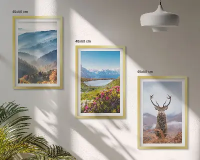 Conjunto de 3 quadros com moldura paisagem de natureza com veado, lago e montanhas