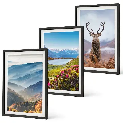 Conjunto de 3 quadros com moldura paisagem de natureza com veado, lago e montanhas