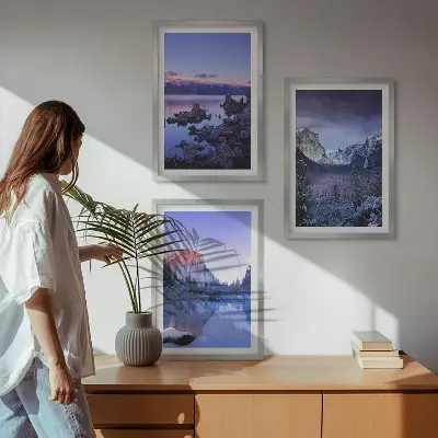 Conjunto de quadros para sala de estar com paisagens de montanha, pôr do sol e água