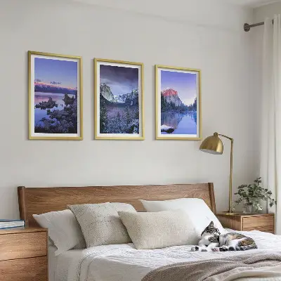 Conjunto de quadros para sala de estar com paisagens de montanha, pôr do sol e água