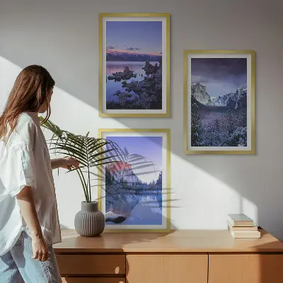 Conjunto de quadros para sala de estar com paisagens de montanha, pôr do sol e água