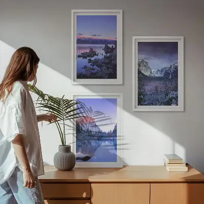 Conjunto de quadros para sala de estar com paisagens de montanha, pôr do sol e água