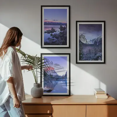Conjunto de quadros para sala de estar com paisagens de montanha, pôr do sol e água