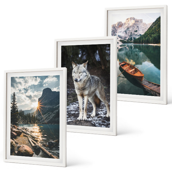 Conjunto de 3 quadros com moldura Montanhas, lagos, lobos, natureza