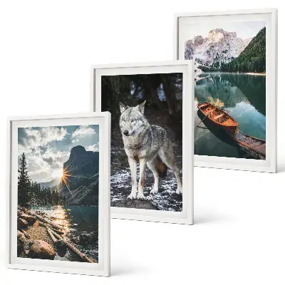 Conjunto de 3 quadros com moldura com temática de montanhas, lagos, lobos e natureza