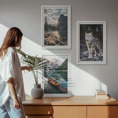 Conjunto de 3 quadros com moldura Montanhas, lagos, lobos, natureza
