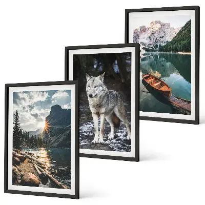 Conjunto de 3 quadros com moldura com temática de montanhas, lagos, lobos e natureza