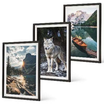Conjunto de 3 quadros com moldura Montanhas, lagos, lobos, natureza