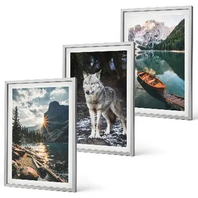 Conjunto de 3 quadros com moldura com temática de montanhas, lagos, lobos e natureza