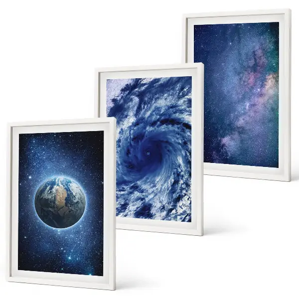 Conjunto de quadros para sala de estar com estampa de tempestade espacial e galáxia da Terra