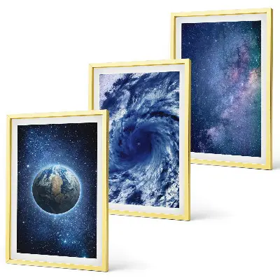 Conjunto de quadros para sala de estar com estampa de tempestade espacial e galáxia da Terra