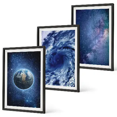 Conjunto de quadros para sala de estar com estampa de tempestade espacial e galáxia da Terra