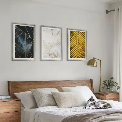 Composição de quadros moderna com padrões geométricos e vegetação
