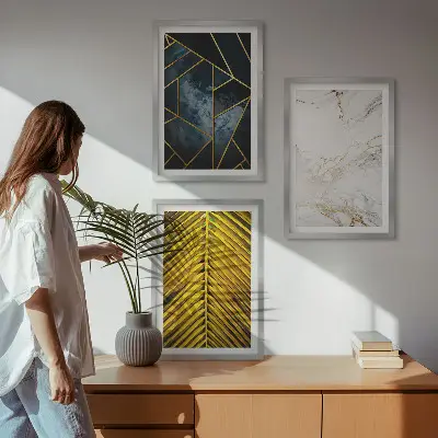 Composição de quadros moderna com padrões geométricos e vegetação
