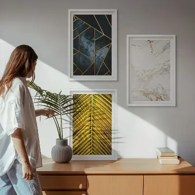 Composição de quadros moderna com padrões geométricos e vegetação