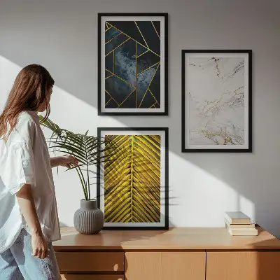 Composição de quadros moderna com padrões geométricos e vegetação