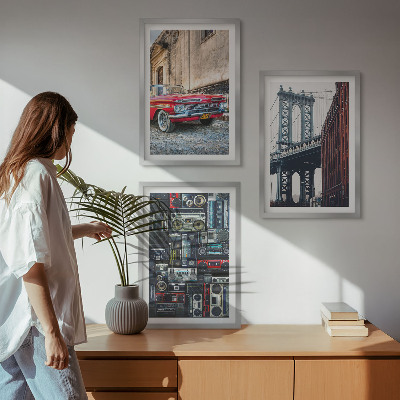 Conjunto de 3 quadros com moldura Ponte antiga para carros no Brooklyn, áudio retrô