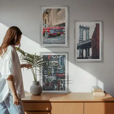 Conjunto de 3 quadros com moldura ponte antiga para carros no Brooklyn estilo áudio retrô