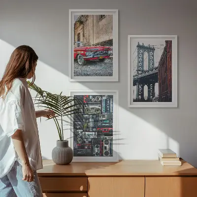 Conjunto de 3 quadros com moldura ponte antiga para carros no Brooklyn estilo áudio retrô