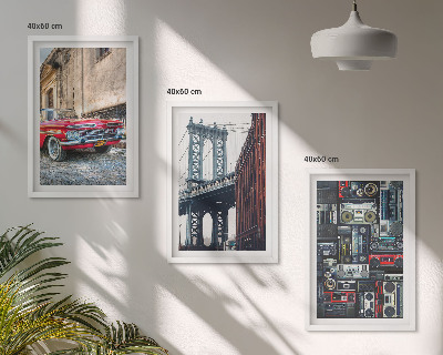 Conjunto de 3 quadros com moldura Ponte antiga para carros no Brooklyn, áudio retrô