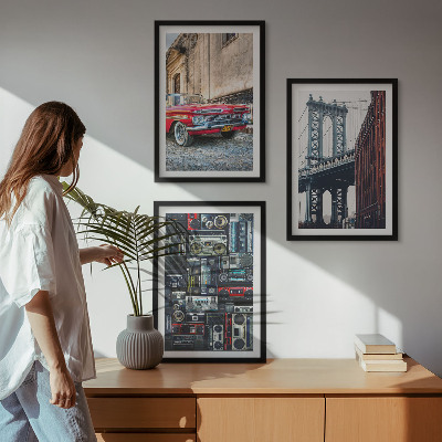 Conjunto de 3 quadros com moldura Ponte antiga para carros no Brooklyn, áudio retrô