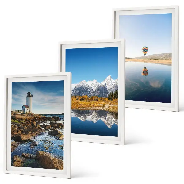 Conjunto de quadros para sala de estar com vistas da natureza, farol, montanhas e balão