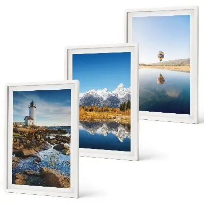 Conjunto de quadros para sala de estar com vistas da natureza, farol, montanhas e balão