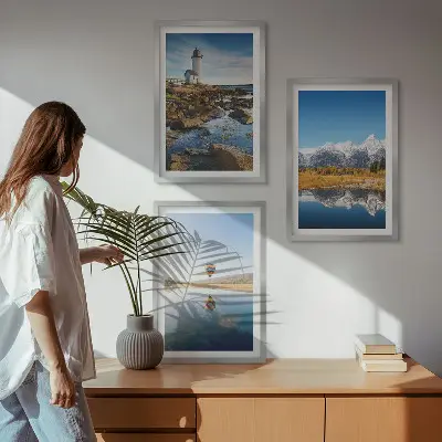 Conjunto de quadros para sala de estar com vistas da natureza, farol, montanhas e balão
