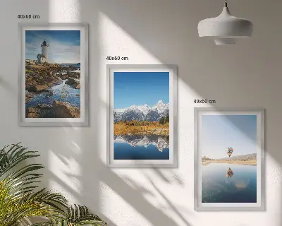 Conjunto de quadros para sala de estar com vistas da natureza, farol, montanhas e balão