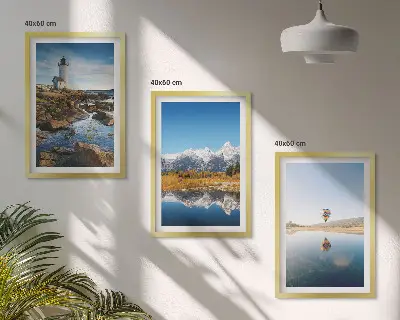 Conjunto de quadros para sala de estar com vistas da natureza, farol, montanhas e balão