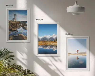 Conjunto de quadros para sala de estar com vistas da natureza, farol, montanhas e balão