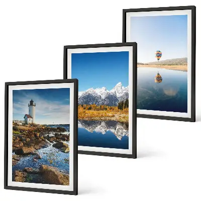 Conjunto de quadros para sala de estar com vistas da natureza, farol, montanhas e balão