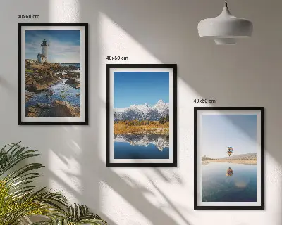 Conjunto de quadros para sala de estar com vistas da natureza, farol, montanhas e balão