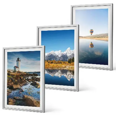 Conjunto de quadros para sala de estar com vistas da natureza, farol, montanhas e balão