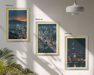 Conjunto de 3 quadros com moldura Vista da cidade a partir da montanha à noite.