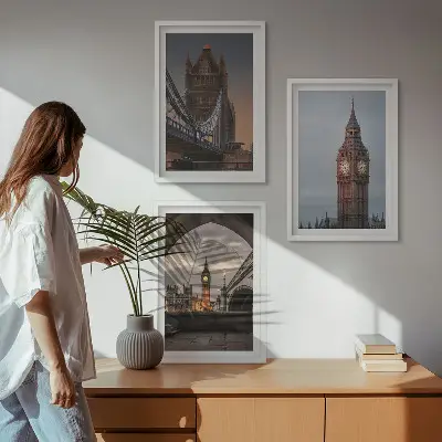 Conjunto de quadros para sala de estar com a ponte de Londres e o relógio Big Ben
