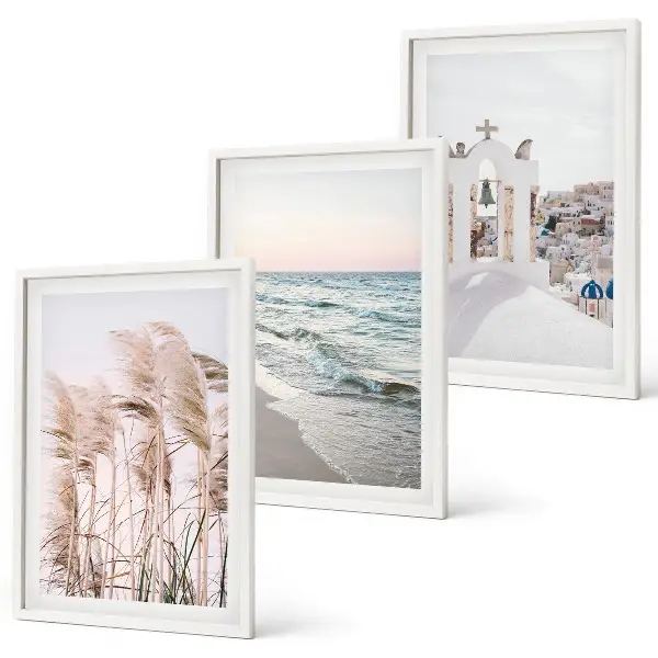 Composição de quadros moderna com plantas, ondas do mar, vistas e casas