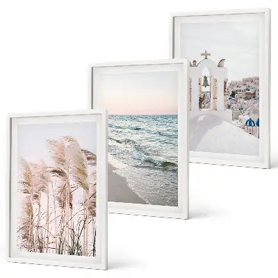 Composição de quadros moderna com plantas, ondas do mar, vistas e casas