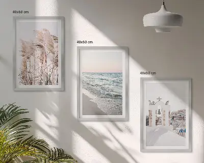 Composição de quadros moderna com plantas, ondas do mar, vistas e casas