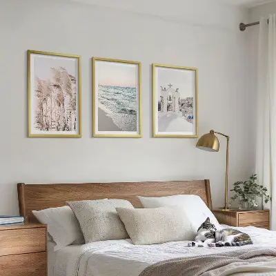 Composição de quadros moderna com plantas, ondas do mar, vistas e casas