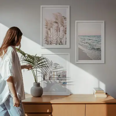 Composição de quadros moderna com plantas, ondas do mar, vistas e casas