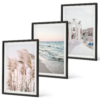 Composição de quadros moderna com plantas, ondas do mar, vistas e casas