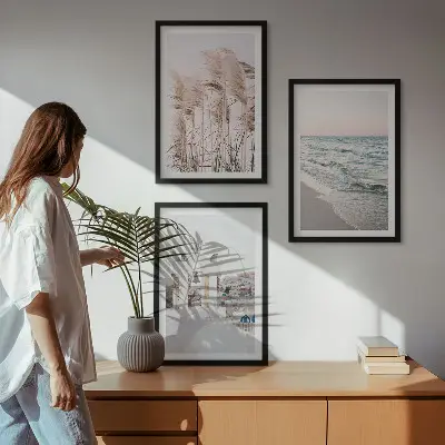 Composição de quadros moderna com plantas, ondas do mar, vistas e casas