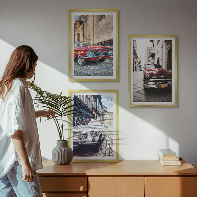 Conjunto de 3 quadros com moldura Carros clássicos nas cidades